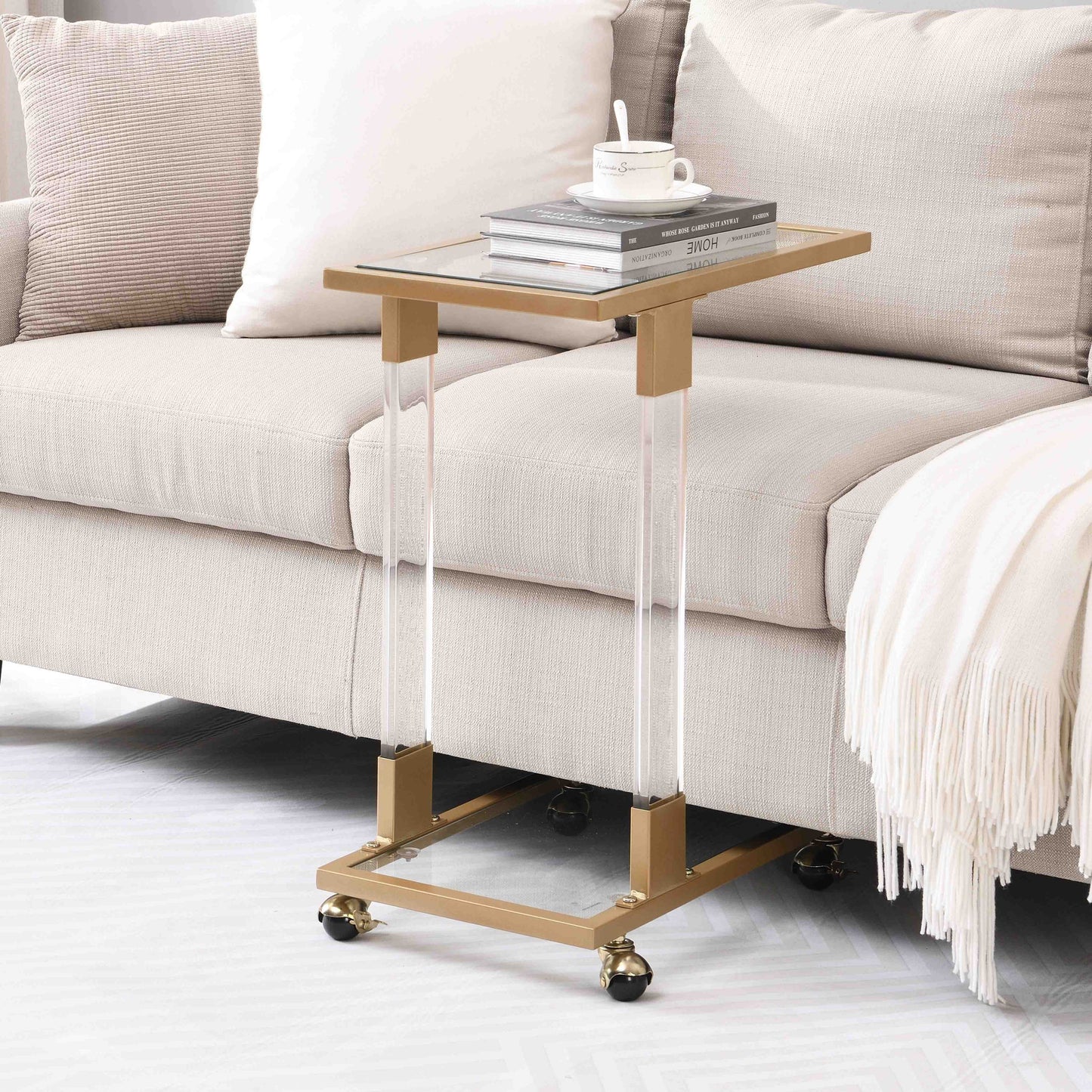 W82153574 Golden Side Table, Acrylic Sofa Table, Glass Top C Shape Square Table with Metal Base for Living Room, Bedroom, Balcony Home and Office