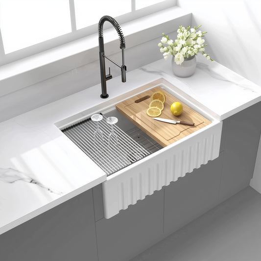 30 Inch Fireclay Farmhouse Sink-30'x 20'White Workstation Reversible Ceramic Farm Apron Front Kitchen Sink, 10 Inch Deep Single Bowl Porcelain Sink with Ledge and Accessories