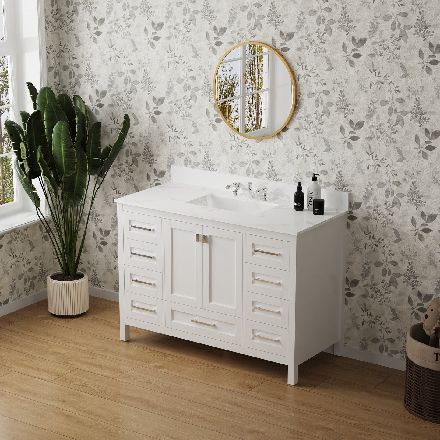 Combinación de lavabo de tocador con encimera de mármol, gabinete de lavabo de baño y tocadores de baño para decoración del hogar - Tocador blanco de 48 pulgadas totalmente ensamblado con fregadero 23V03-48WH