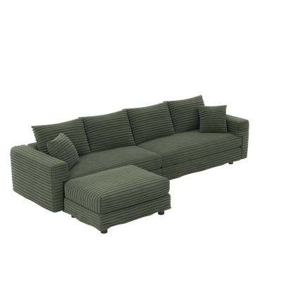 102.4 'Plush Corduroy 4-Seat Sofa,Modern Comfy Upholstered Sofa Cloud Couch,Deep Seat Couches with Soft Pillows and Movable Ottoman,Convertible Sofa Lounge Chair,for Living Room,Apartment,Office,Green