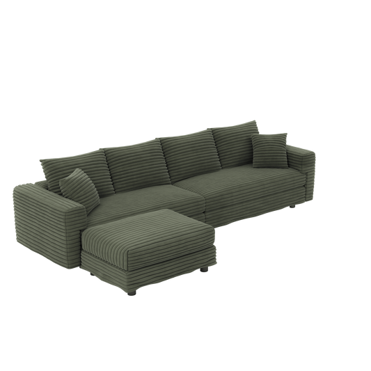 102.4 'Plush Corduroy 4-Seat Sofa,Modern Comfy Upholstered Sofa Cloud Couch,Deep Seat Couches with Soft Pillows and Movable Ottoman,Convertible Sofa Lounge Chair,for Living Room,Apartment,Office,Green