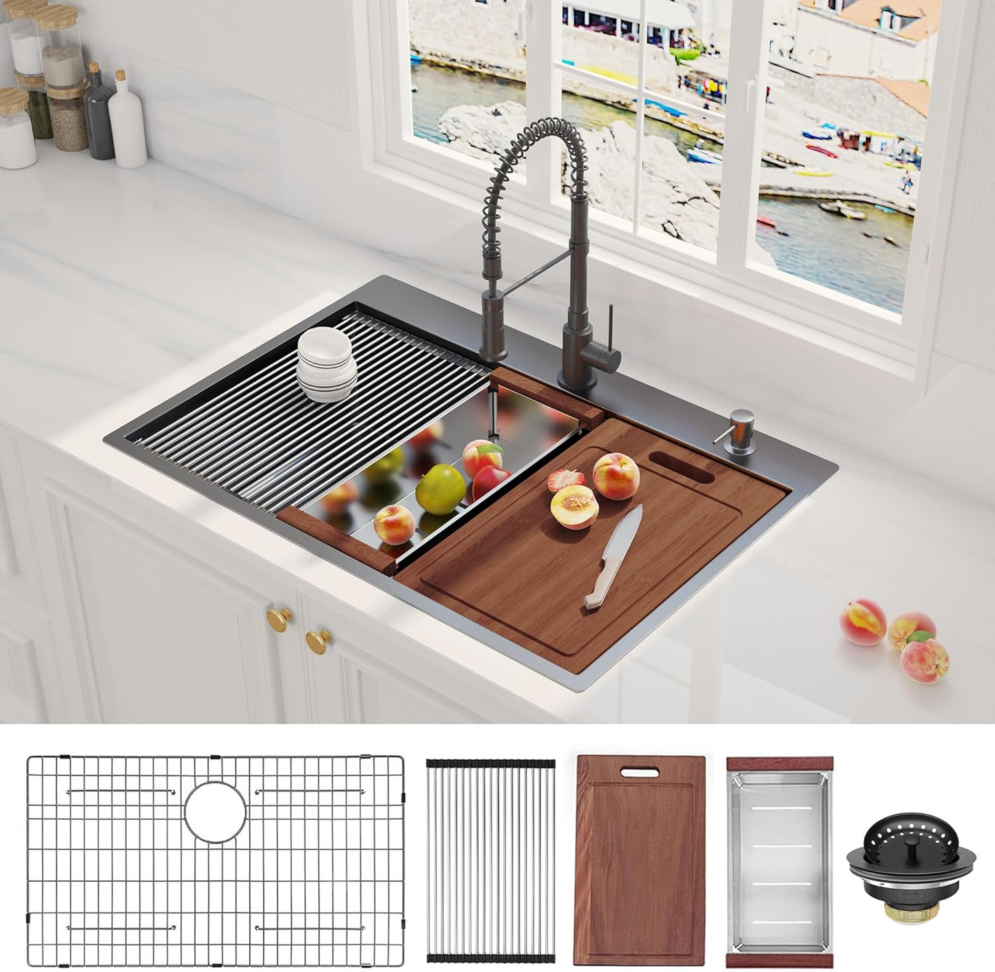 33 Inch Gunmetal Black Drop in Workstation kithchen Sink -33 'x 22' 16 Gauge Topmount Drop in Single Bowl Stainless Steel Kitchen Sink with Accessories