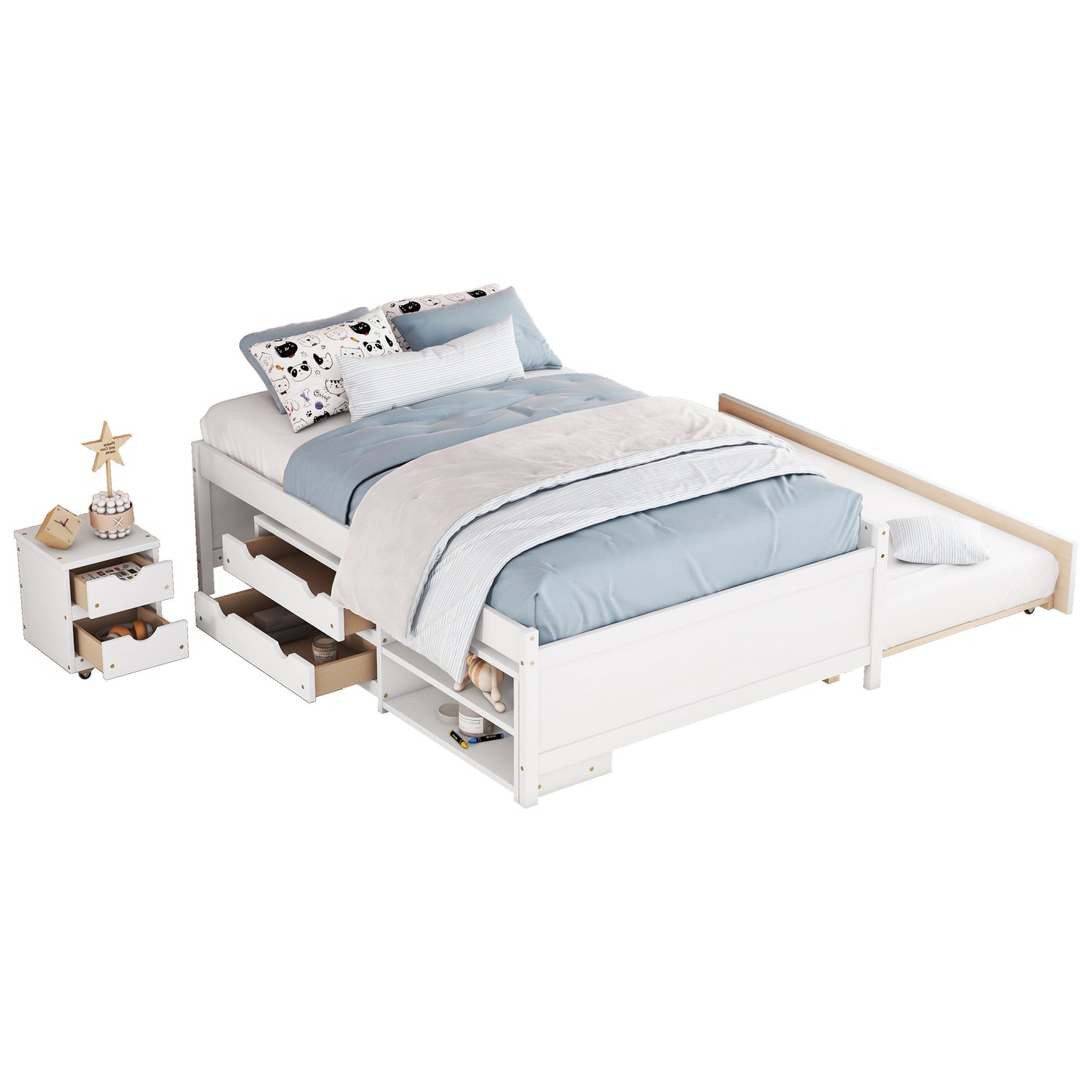 Cama completa versátil con nido, caja de almacenamiento debajo de la cama y mesita de noche. Blanco