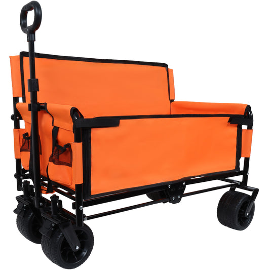 3-in-1 Convertible Folding Wagon Cart with Bench Seat & Storage - 500lbs Heavy-Duty Utility Wagon, 180L Capacity All-Terrain Wheels for Camping, Beach, Sports, Garden, orange