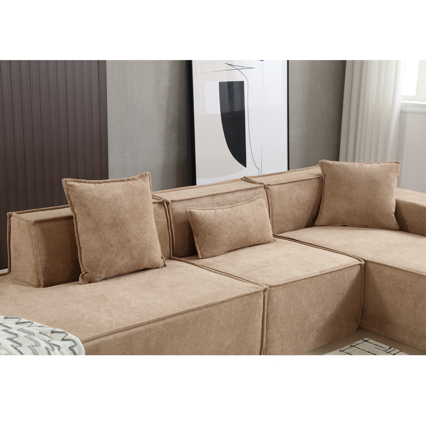 [VIDEO PROVIDED] Modular combination living room sofa set, modern minimalist sofa, free installation sofa, L-shaped, Italian minimalist tofu block sofa,  Right-Hand Facing,Light Brown