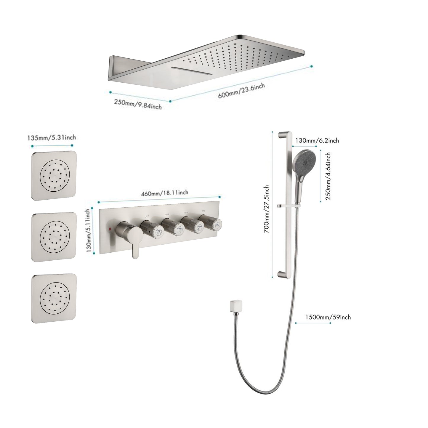 Wall Mounted Waterfall Rain Shower System With 3 Body Sprays & Handheld Shower