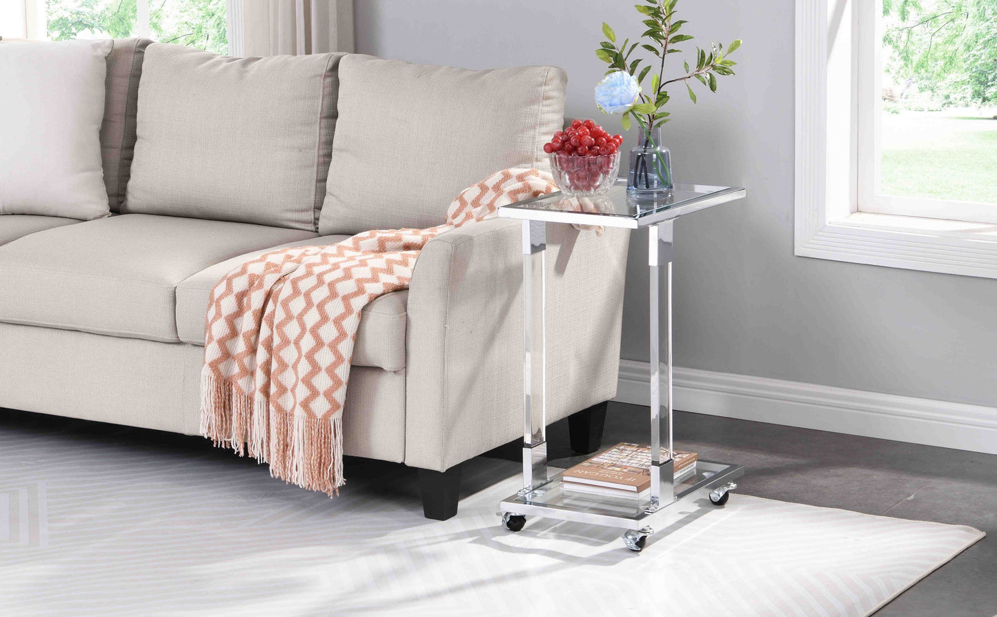 W82153573 Chrome Glass Side Table, Acrylic End Table, Glass Top C Shape Square Table with Metal Base for Living Room, Bedroom, Balcony Home and Office