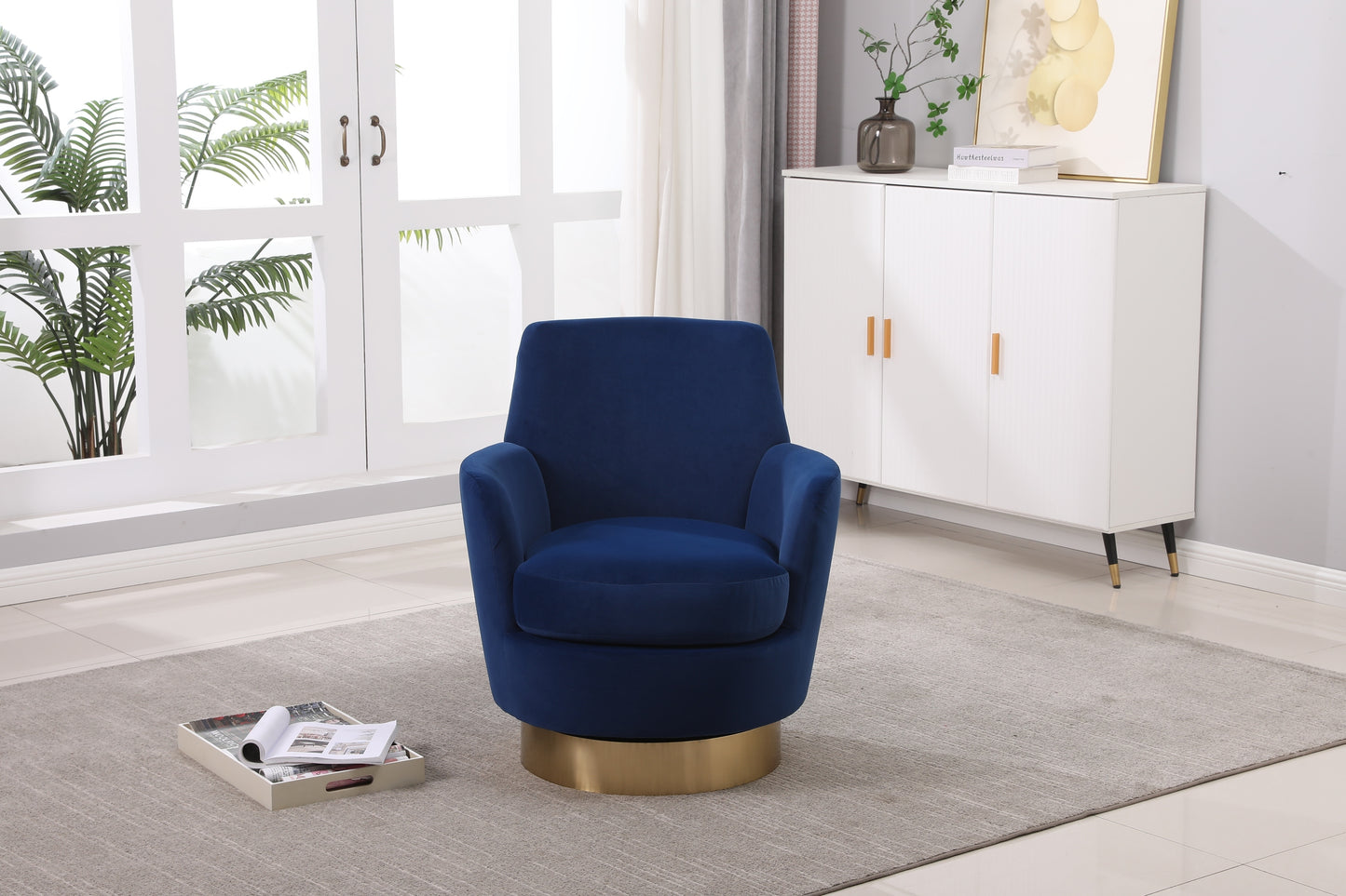 Velvet Swivel Barrel Chair, Swivel Accent Chairs Armchair for Living Room, Reading Chairs for Bedroom Comfy, Round Barrel Chairs with Gold Stainless Steel Base (Navy)