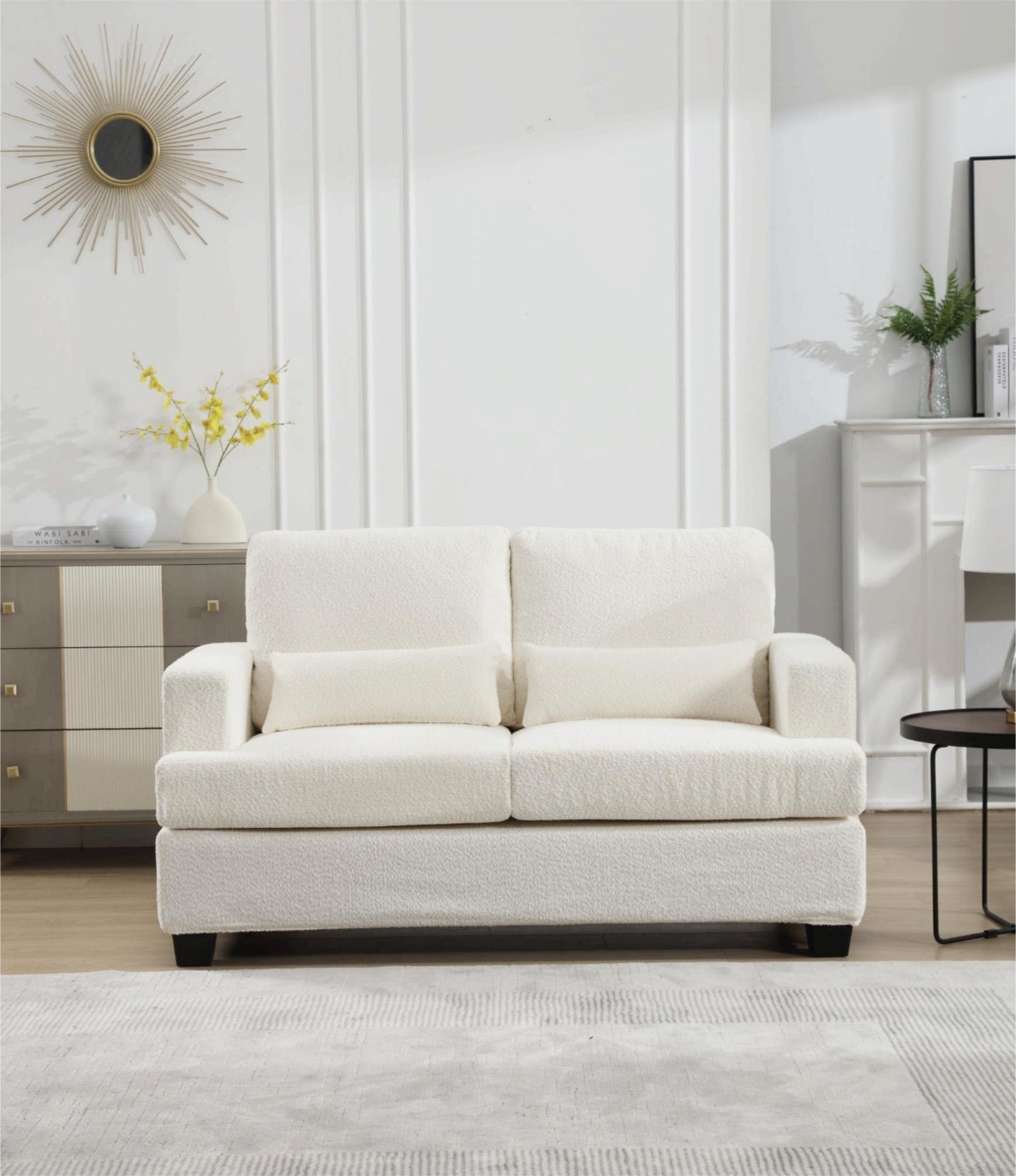 [VIDEO PROVIDED] 63" Length Modern Loveseat for Living Room, Sofas & couches with Square Armrest, Removable back Cushion and 2pcs waist pillow  (White&Gray Fabric)