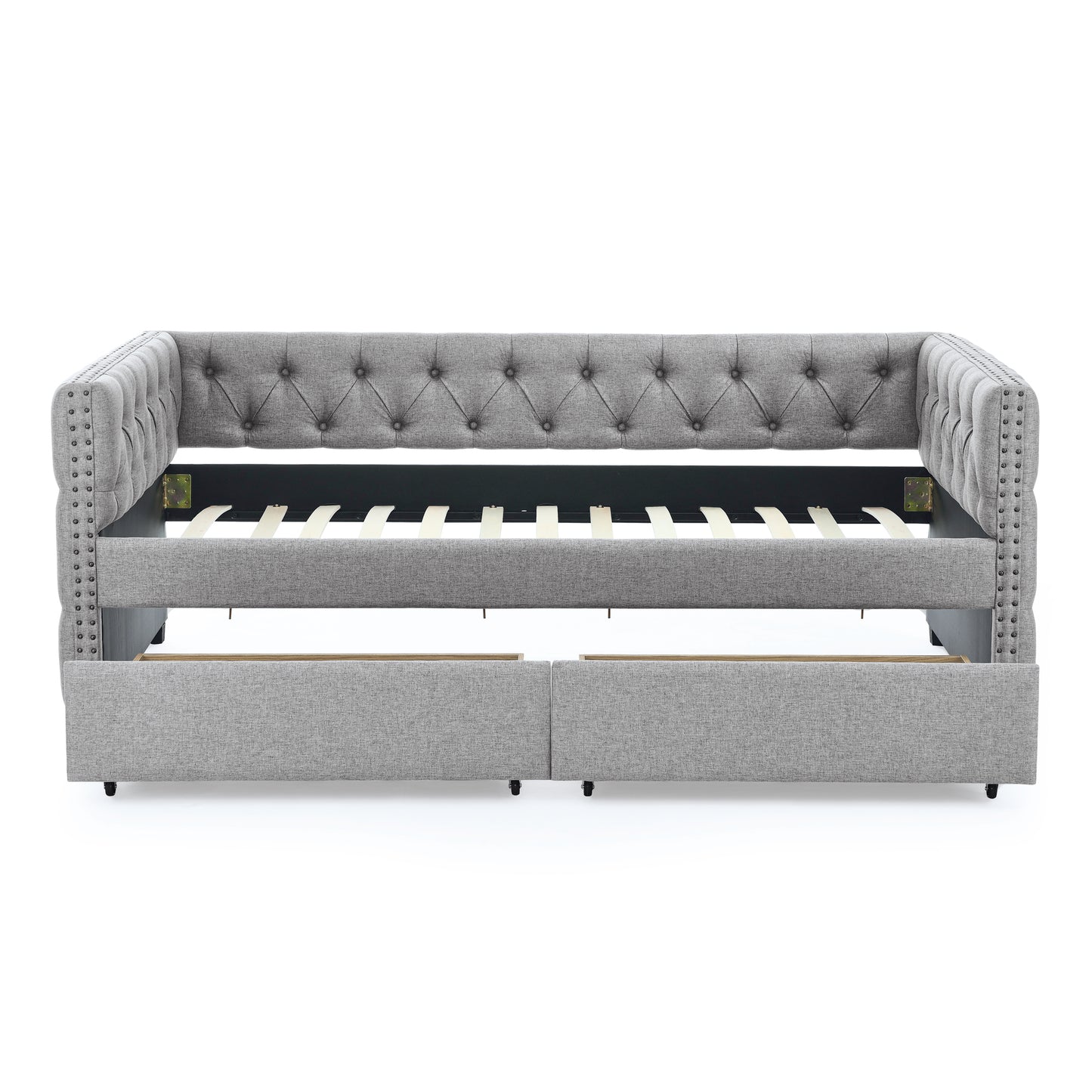 Upholstered Twin Size Daybed with Two Drawers, with Button and Copper Nail on Square Arms, Grey (82.75''x43''x30.75'')