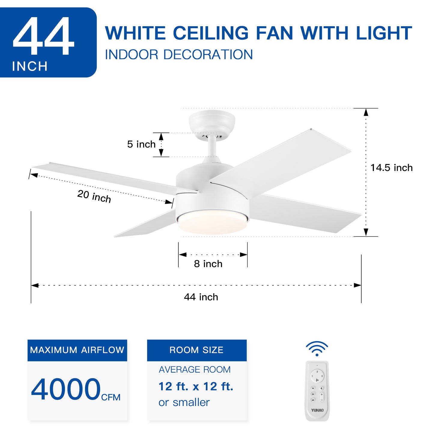 YUHAO Iluminación de ventilador de techo LED integrada de 44 pulgadas con hoja de ABS blanca