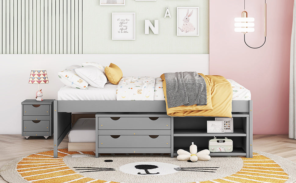 Versatile Full Bed with Trundle,Under bed Storage Box and Nightstand .Grey