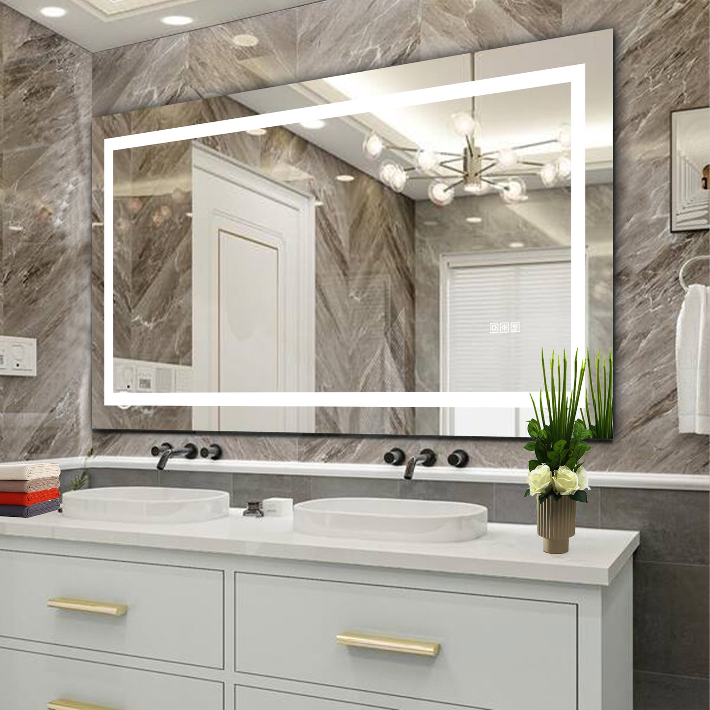 60' x 32' LED Bathroom Mirror with Anti-Fog and Touch Sensor – Modern Frameless Lighted Wall Mirror for Bathroom Vanity, Shower Room, or Dressing Area