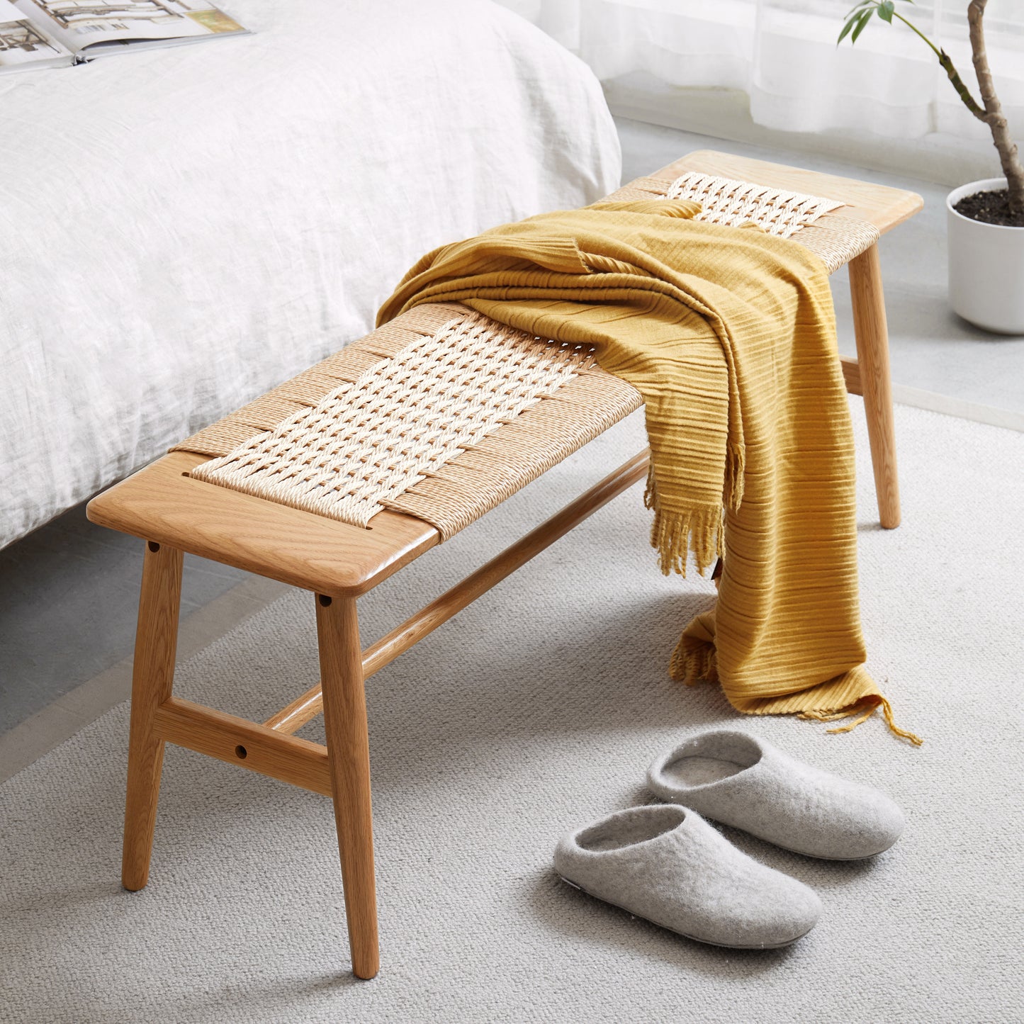 Banco de comedor de madera de roble Natural de diseño tejido, banco de cama para comedor, dormitorio, baño