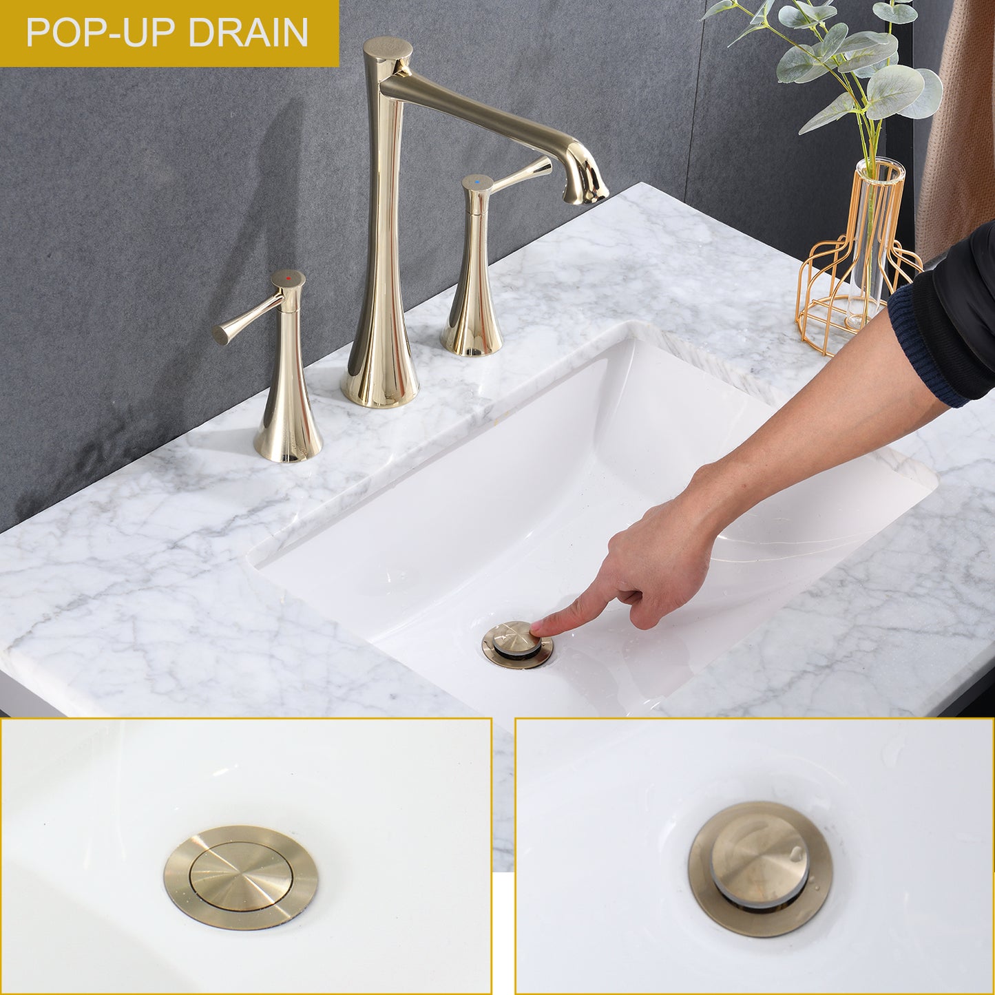 Grifo de baño de 2 manijas generalizado con conjunto de drenaje, dorado