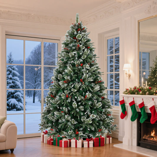 Artificial Christmas Tree 8Ft PE Mixed PVC Pine Snow Frosted Xmas Tree Pre-Decorated Christmas Tree with 1550 Tips Pinecones & Berries Metal Stand, Easy Assembly for Home, Office, Holiday