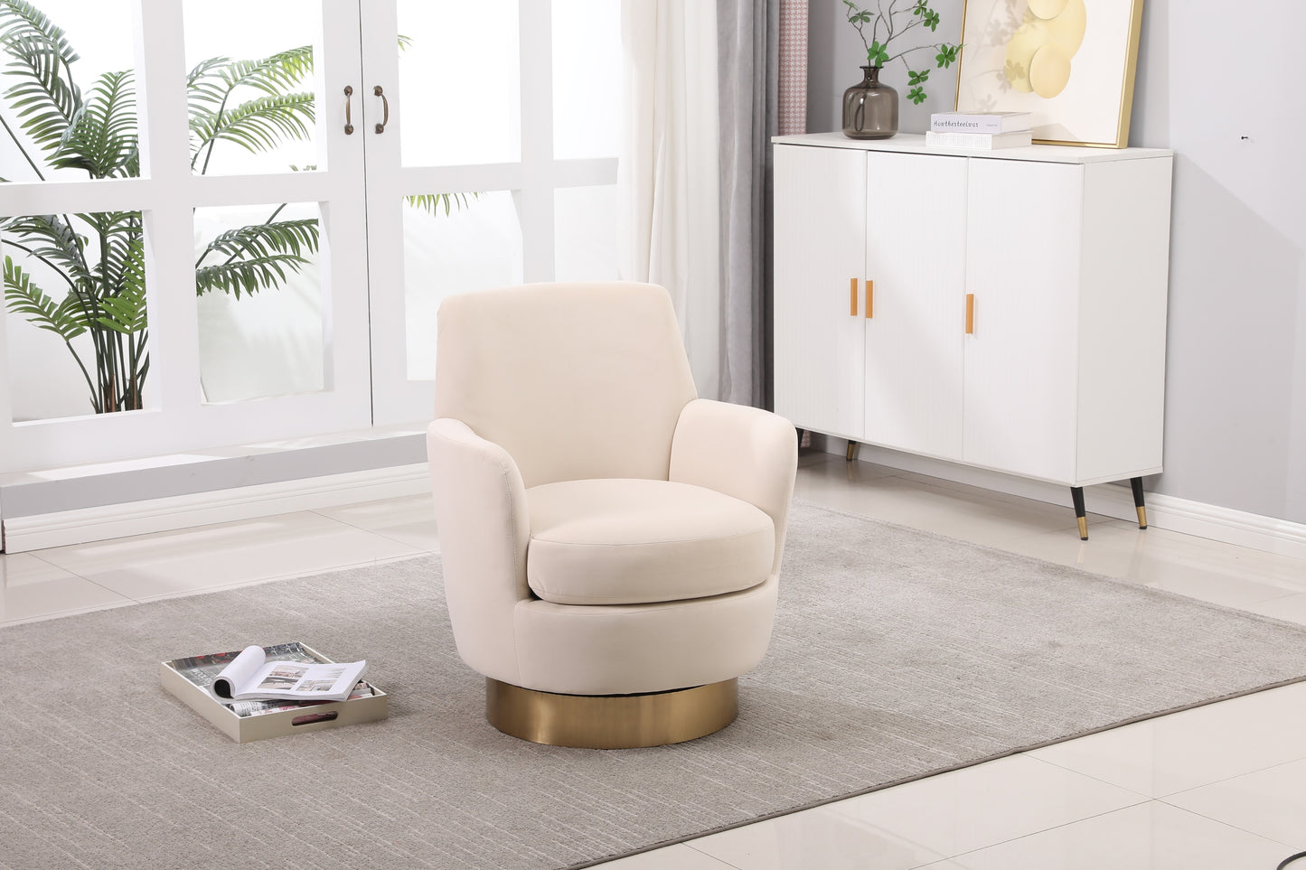 Velvet Swivel Barrel Chair, Swivel Accent Chairs Armchair for Living Room, Reading Chairs for Bedroom Comfy, Round Barrel Chairs with Gold Stainless Steel Base (Beige)