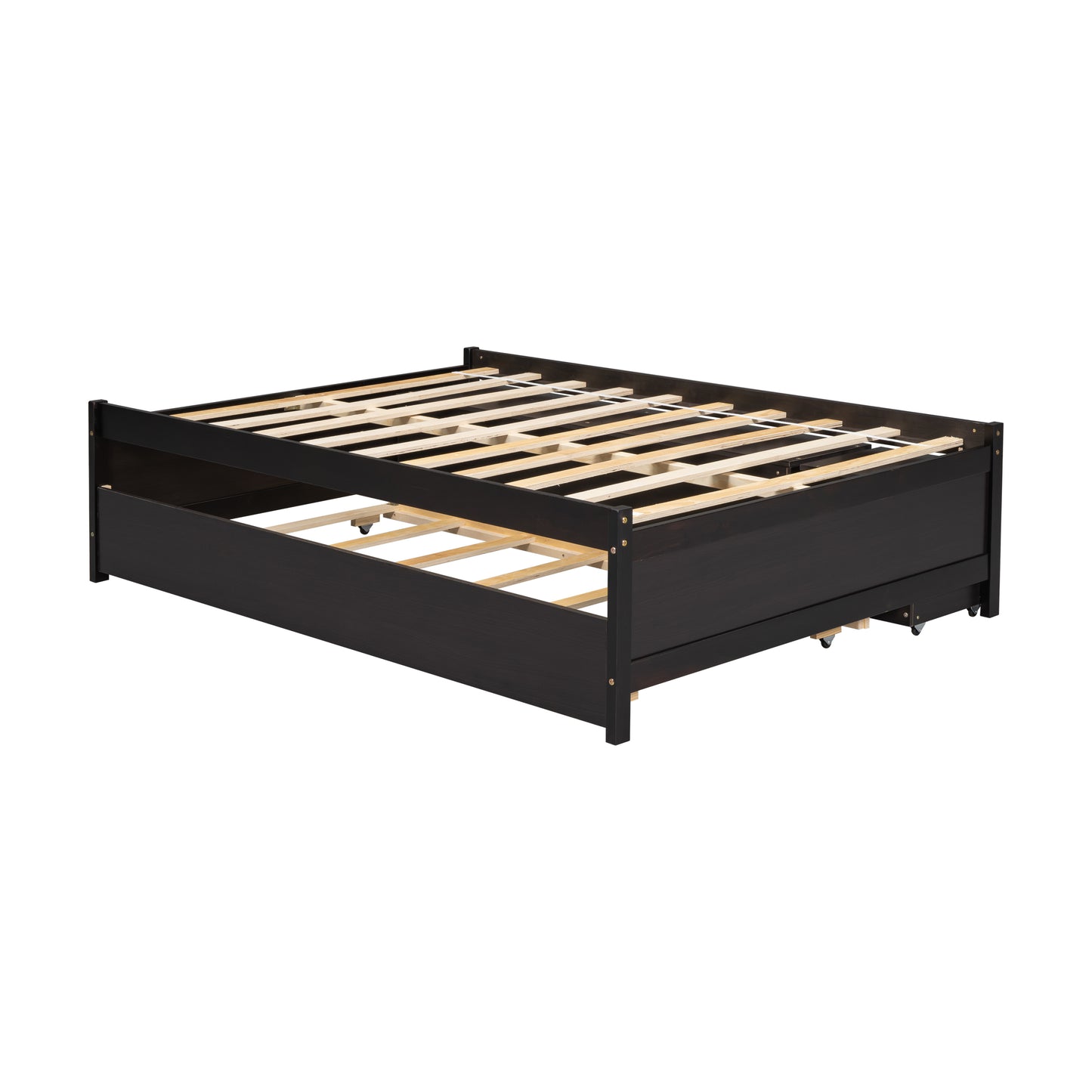 Cama completa versátil con cama nido, caja de almacenamiento debajo de la cama y mesita de noche. Café expreso