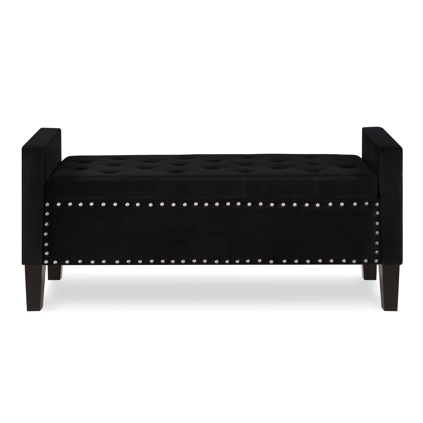 Banco de almacenamiento tapizado con botones capitoné con adornos de clavos,Entrada Sala de estar Asiento acolchado suave con reposabrazos,Banco de cama-Negro