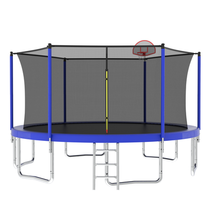 Outdoor Recreational 14FT Trampoline for Kids with Safety Enclosure Net and Ladder - Blue Metal Frame