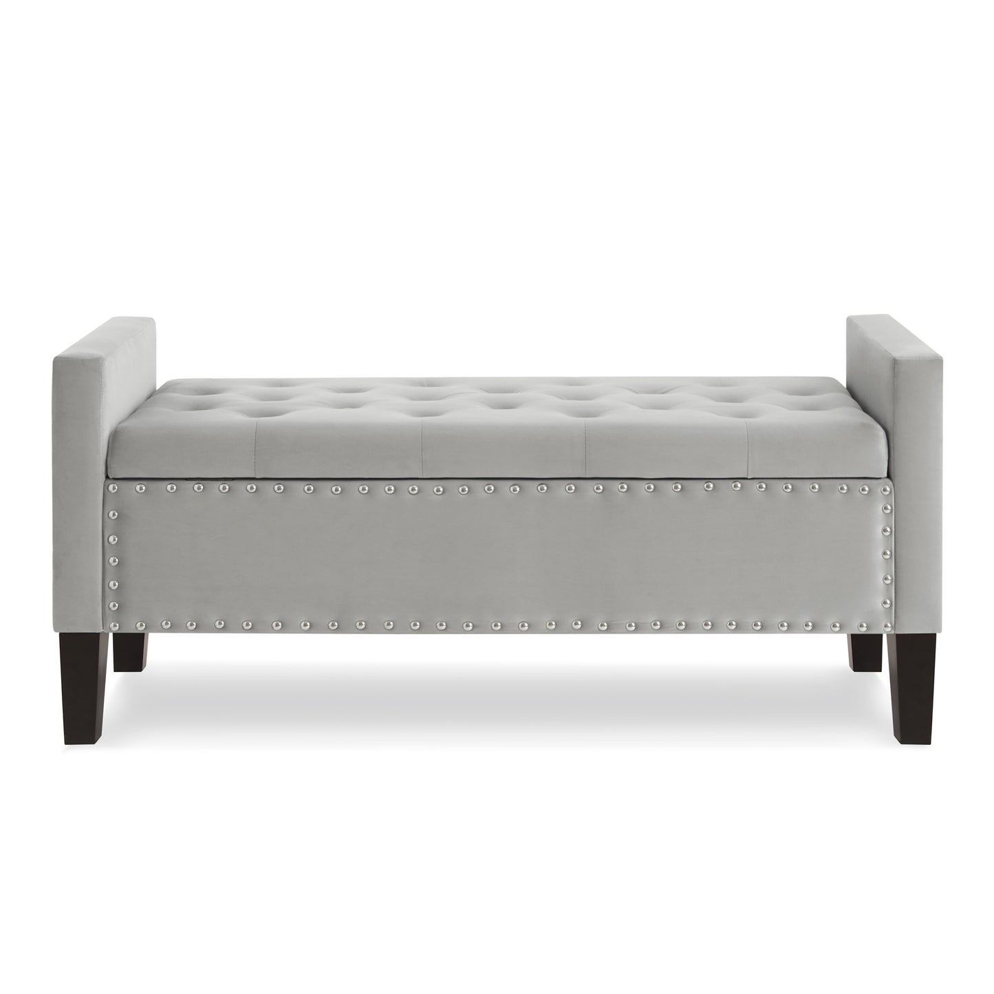 Banco de almacenamiento tapizado con botones capitoné con adornos de clavos,Entrada Sala de estar Asiento acolchado suave con reposabrazos,Banco de cama-Gris