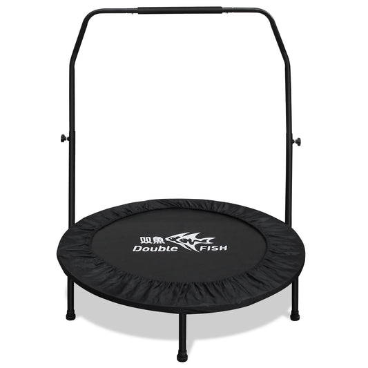 DOUBLE FISH High-Quality Adjustable Foam Handle 1 Mini Trampoline 48' - Supports Up To 400lbs, Black Rectangular Fitness Rebounder For Adults - Ideal For Indoor & Outdoor Workouts