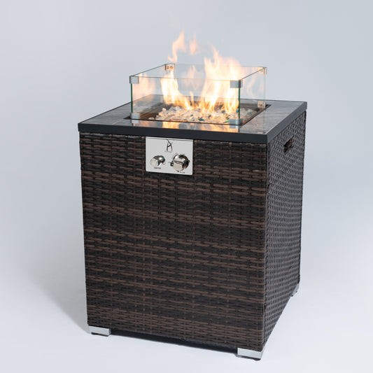 24' Propane Gas Fire Pit Table, 50000 BTU Square Fire Pit, Tile Tabletop with Beautiful Wicker Base for Outside Patio Deck Garden Courtyard-Espresso