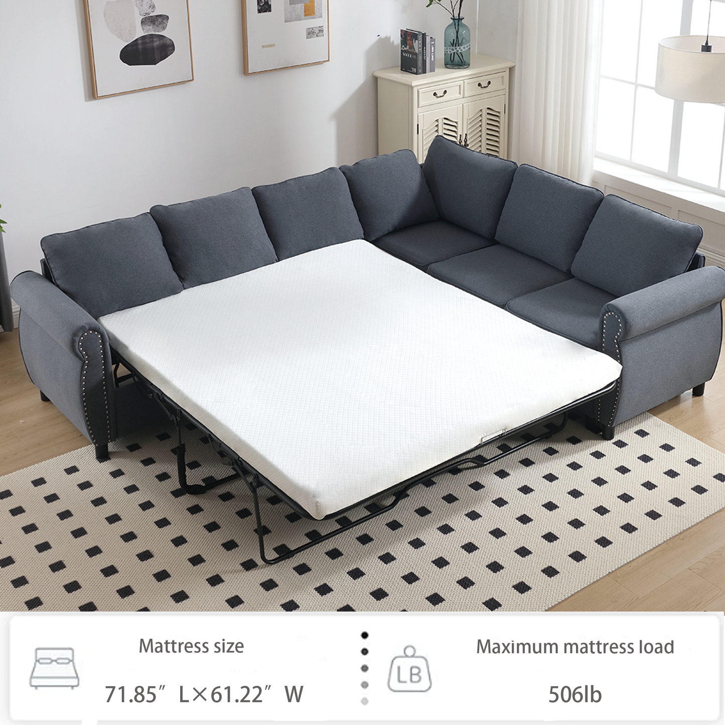 [NEW ARRIVED] [VIDEO PROVIDED] Sleeper Sofa, 2 in 1 Pull Out Couch Bed,6 seater sofa bed, L Shaped Sleeper Sectional Sofa Couch,Riveted sofa,104'' Large combined sofa Bed in living room, Dark Gray