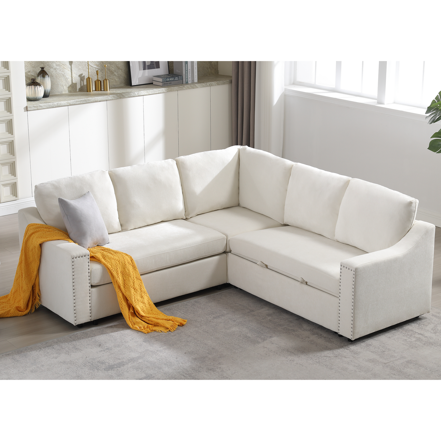 [NEW ARRIVED] [VIDEO PROVIDED]L-shaped sofa with pull-out sofa bed, Corner Sofa,comfortable living room furniture set, sleeper sofa bed,Corner seat for two with broaching sofa,Rivet DeChenille,Beige