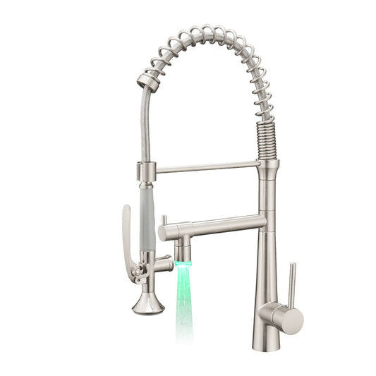 Heavy Duty Commercial Style LEDKitchen Sink Faucet, Single Handle Pre-Rinse Spring Sprayer Kitchen Faucets, High Arc Pull Down Brushed Nickel Kitchen Faucet