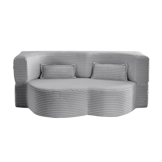 Modern Floor Sofa with 2 Pillows, Convertible Plush Corduroy Foam-Filled Sleeper Sofa Bed,15 ' Full Size Folding Mattress for Living Room, Guest Bed, no assembly required, Light Grey