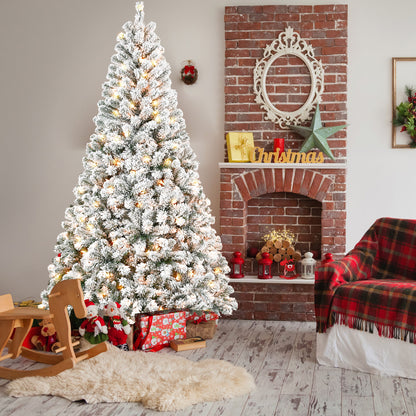 5FT Flocked Christmas Tree with 150 Warm White Incandescent Lights – Snowy Artificial Holiday Tree with 407 Tips and Sturdy Metal Stand for Home, Office, or Apartment Decoration