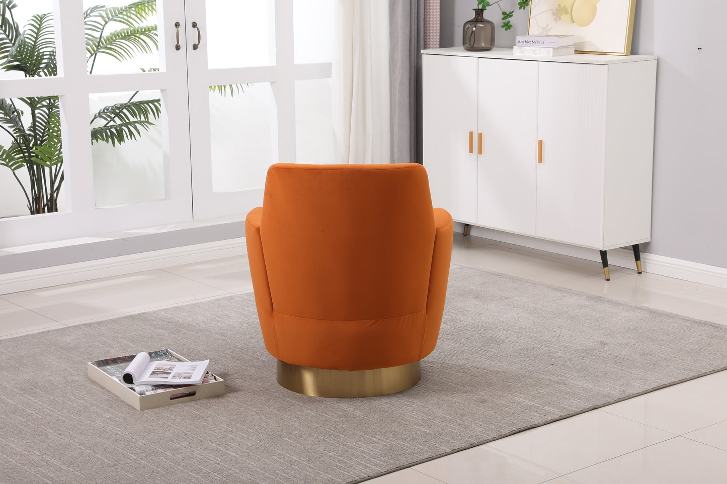 Velvet Swivel Barrel Chair, Swivel Accent Chairs Armchair for Living Room, Reading Chairs for Bedroom Comfy, Round Barrel Chairs with Gold Stainless Steel Base (Orange)