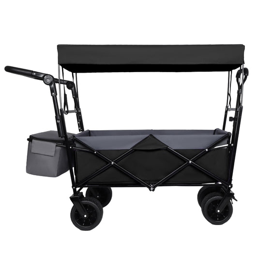 With Push Handle, 480Lbs Collapsible Wagon with Canopy, Wagon cart with 7' All-Terrain Wheels, Lightweight Foldable Wagon, Large Capacity for Camping, Shopping, Sports, and Garden Use, black