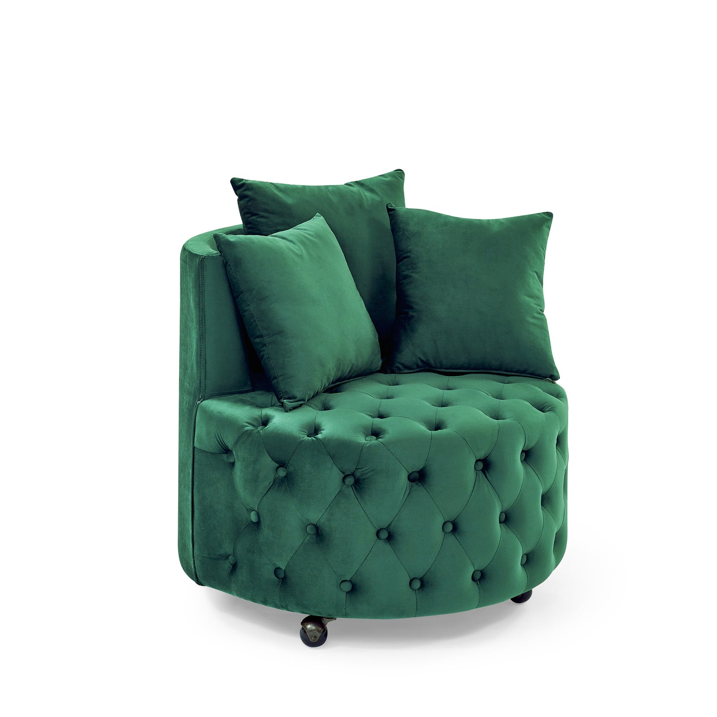 Silla giratoria tapizada en terciopelo para sala de estar, con diseño de botones y ruedas móviles, incluye 3 almohadas, verde