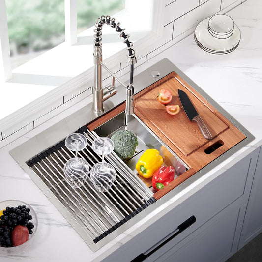 33 x 22 Drop In Stainless Steel Workstation Sink, 33 Inch 18-Gauge Stainless Steel Drop-In Kitchen Sink, Handmade Single Bowl Workstation R10 Rounded Corner kitchen Sink with Accessories