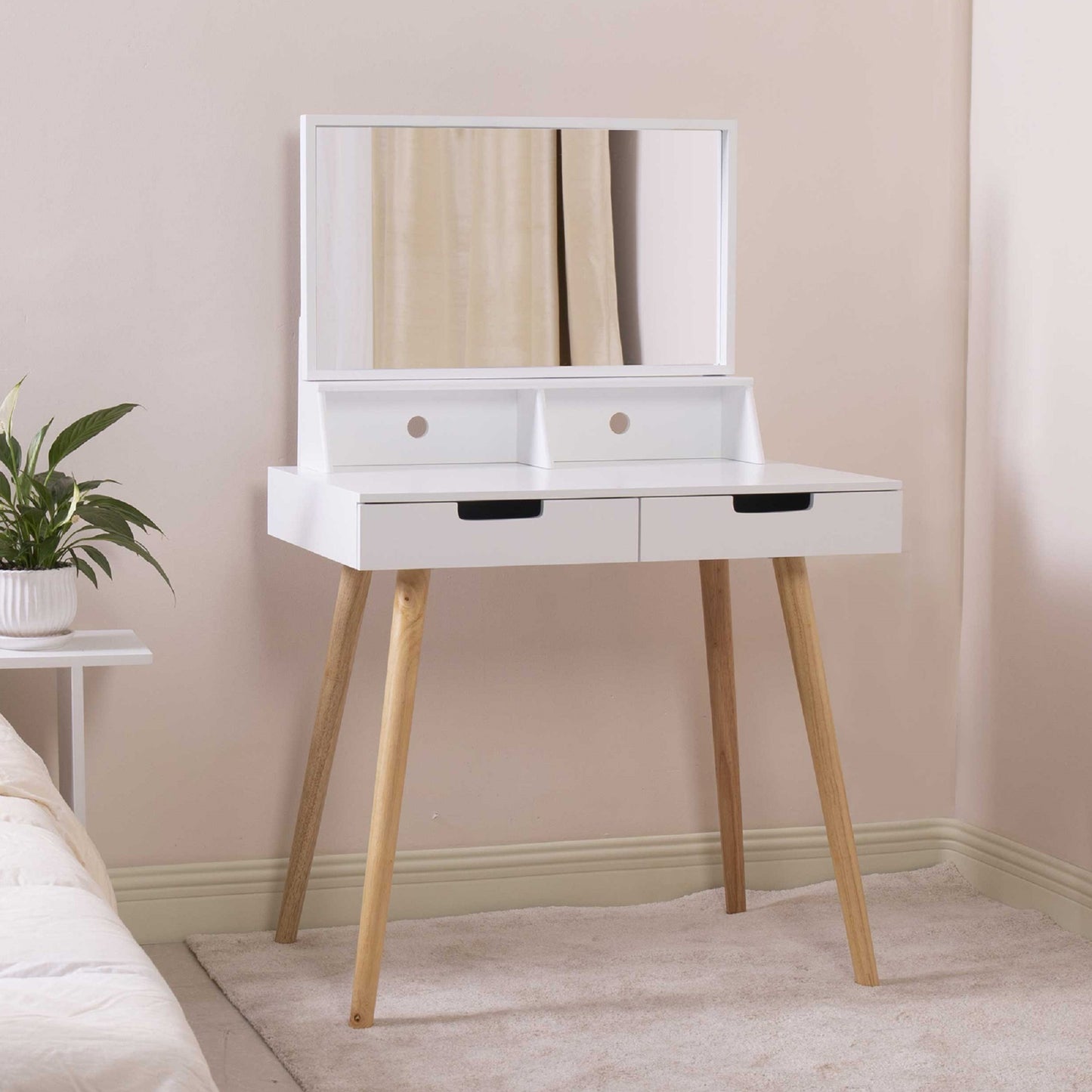 Mesa de maquillaje con espejo de madera, color blanco