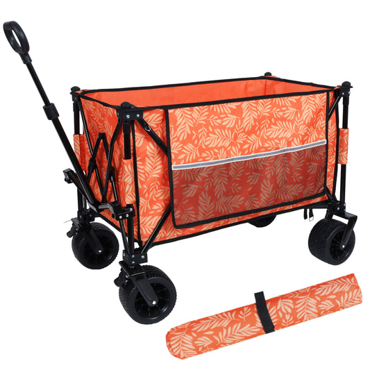 Heavy-Duty 480lbs Folding Wagon Cart with Bonus Picnic Mat - All-Terrain Beach Wheels, Drink Holders, Brakes & Side Pocket for  Camping, Garden, Sports, orange print