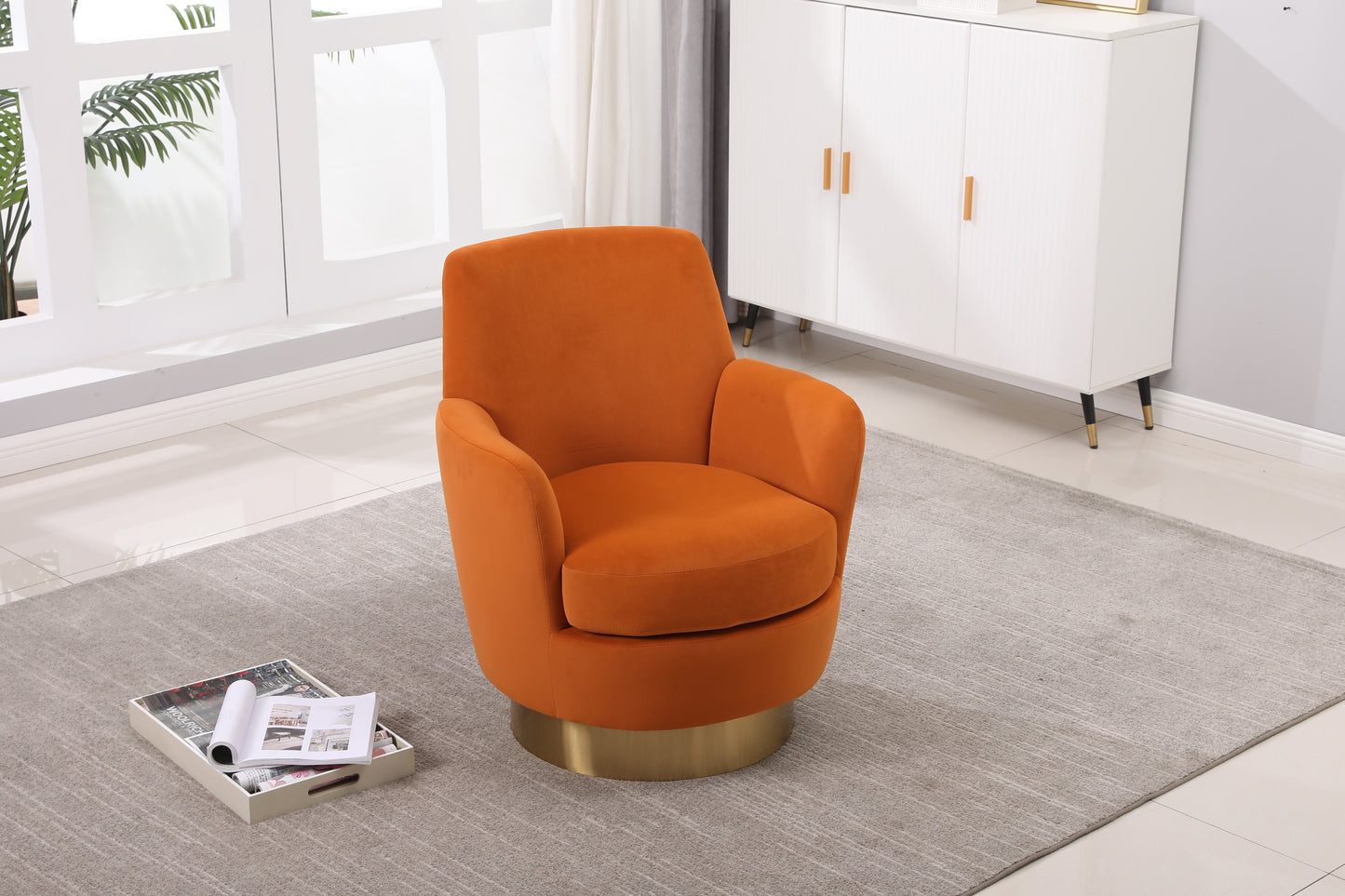 Velvet Swivel Barrel Chair, Swivel Accent Chairs Armchair for Living Room, Reading Chairs for Bedroom Comfy, Round Barrel Chairs with Gold Stainless Steel Base (Orange)