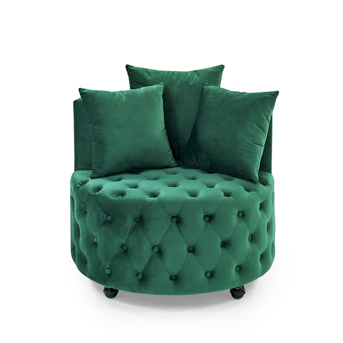 Silla giratoria tapizada en terciopelo para sala de estar, con diseño de botones y ruedas móviles, incluye 3 almohadas, verde