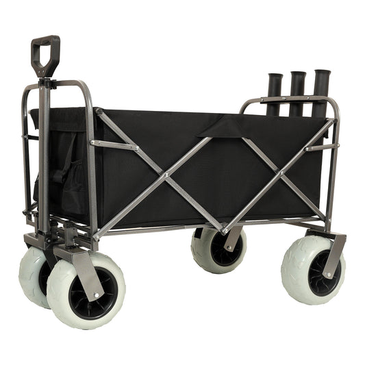 Fishing Cart with Rod Holders ,Beach Wagon with Big Wheels for Sand 500lbs capacity - All Terrain Steel Frame Utility Cart with 9' Pneumatic Tires,strap with multiuse bag ,black