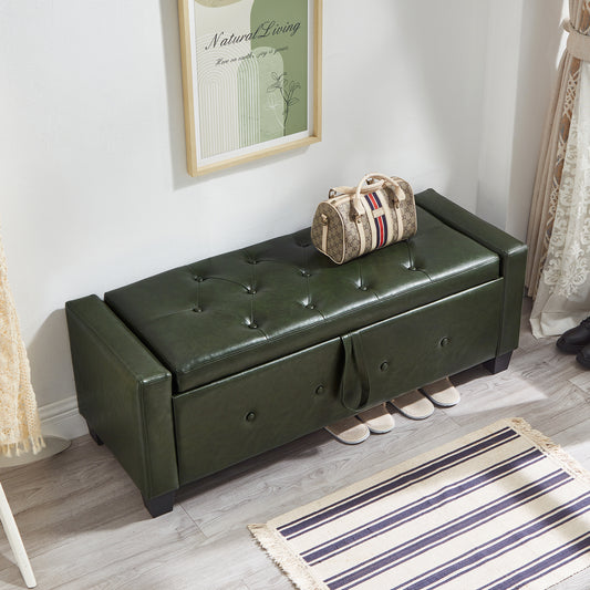 48' Ottoman Bench with Storage, Bench for Bedroom,Living Room,Hallway, Upholstered Tufted Faux Leather PU Ottoman Dark Green