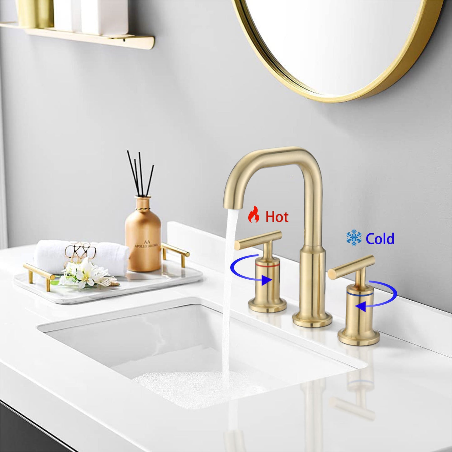 Widespread Bathroom Faucet 3 Hole 2 Handle Vanity Sink Faucet, Brushed Golden