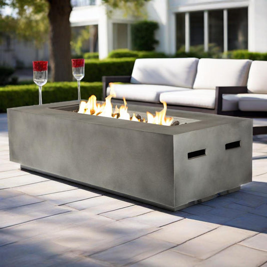 56' Propane Gas Fire Pit Table, 60000 BTU Rectangular Concrete Fire Pit for Outside Patio Deck Garden Backyard- Dark Gray
