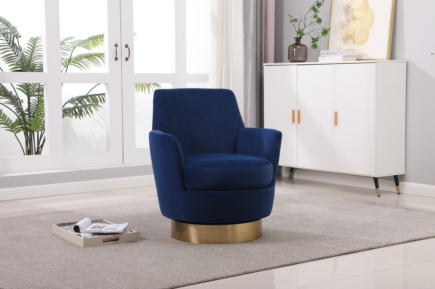 Velvet Swivel Barrel Chair, Swivel Accent Chairs Armchair for Living Room, Reading Chairs for Bedroom Comfy, Round Barrel Chairs with Gold Stainless Steel Base (Navy)