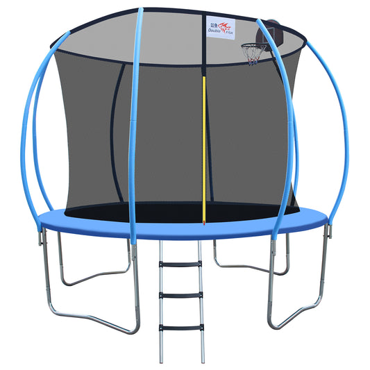 DOUBLE FISH 12ft Foldable Mini Trampoline Fitness Rebounder with Handrail for Adults, 400 Lbs Capacity, Blue Round Iron Frame, Compact & Portable for Home Workouts