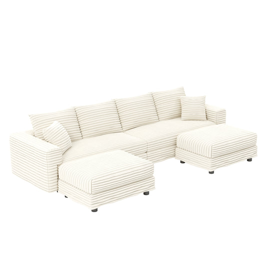 104.3 ' Plush Corduroy 4-Seat Sofa, Modern Comfy Upholstered Sofa Cloud Couch, Deep Seat Couches with Soft Pillows and 2 Ottomans, Convertible Sofa Lounge Chair, for Living Room,Apartment,Office,Beige