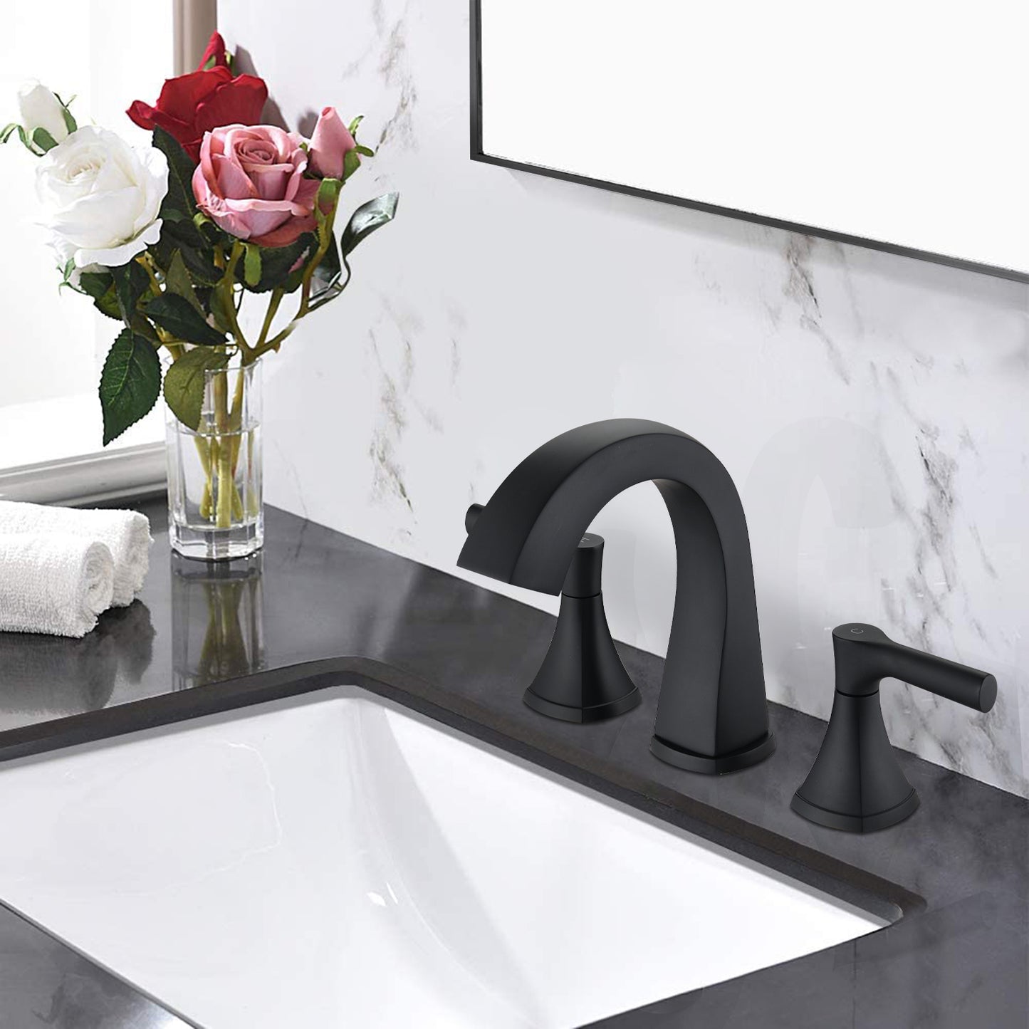 Widespread Bathroom Sink Faucets Two Handle 3 Hole Vanity Bath Faucet  with Drain Assembly (Matte Black)