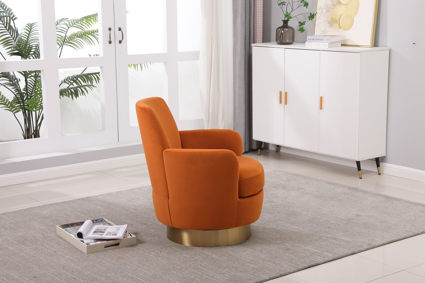 Velvet Swivel Barrel Chair, Swivel Accent Chairs Armchair for Living Room, Reading Chairs for Bedroom Comfy, Round Barrel Chairs with Gold Stainless Steel Base (Orange)