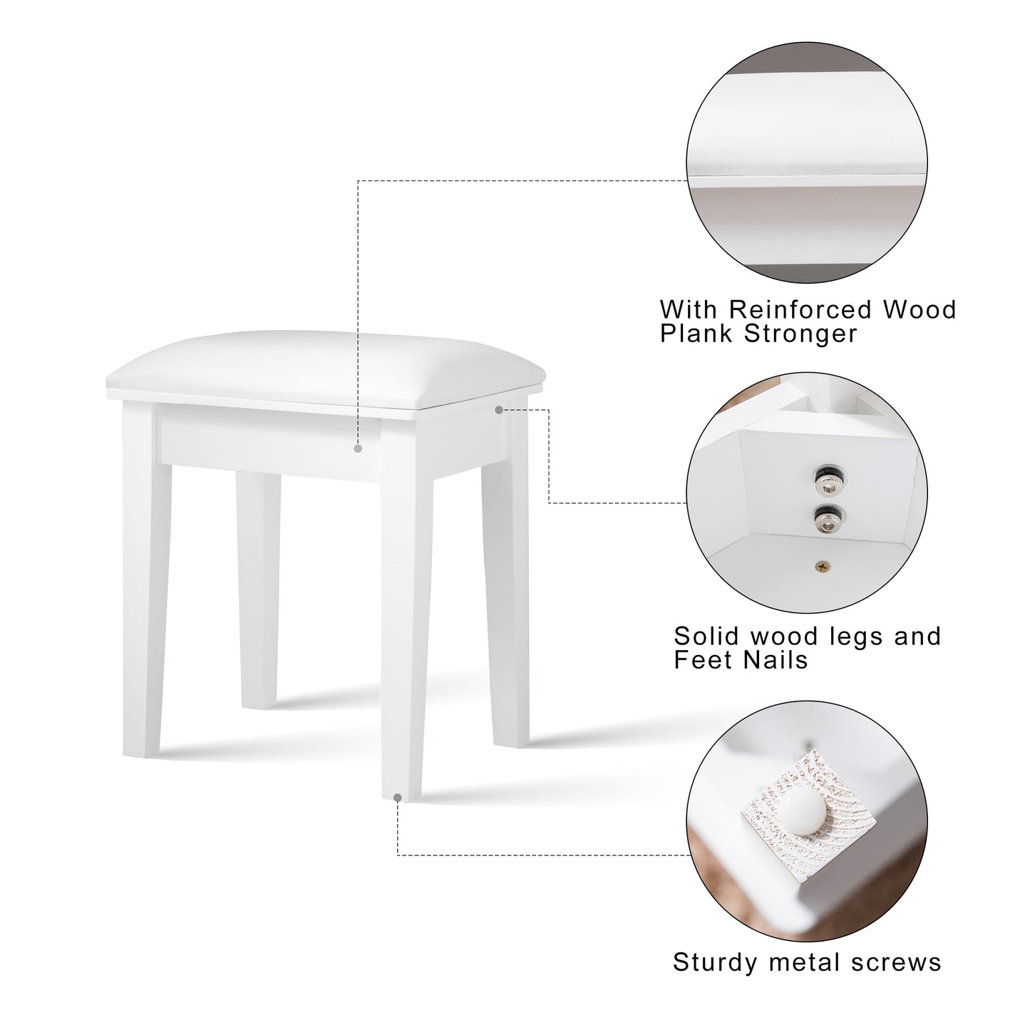 Vanity Stool Makeup Bench Dressing Stool with Cushion and Solid Legs,White